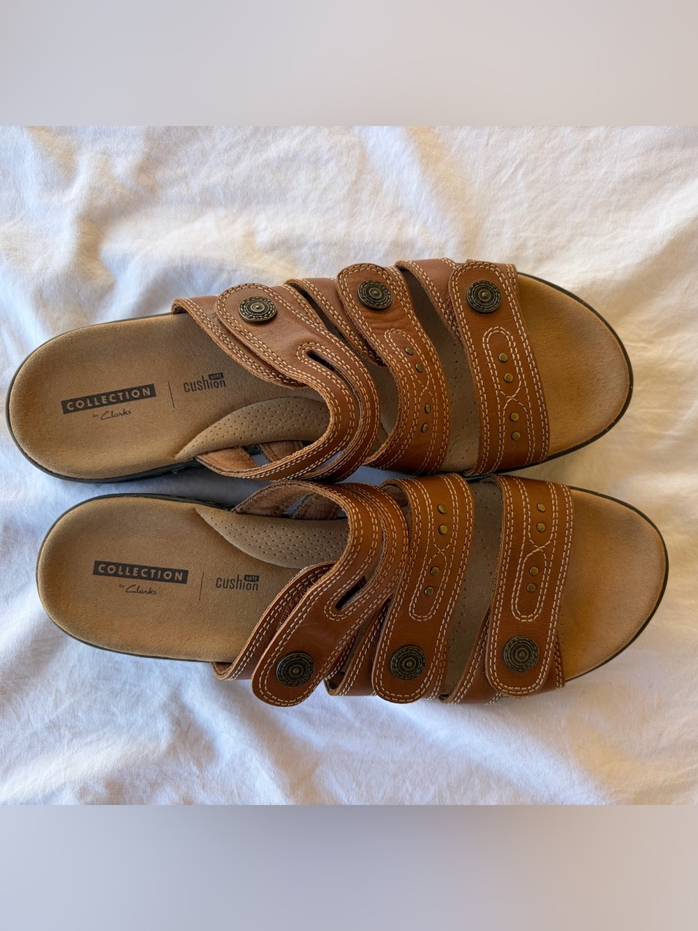 Clarks Women’s Brown Leather Multi-Strap Slide Sandals Sz 8.5